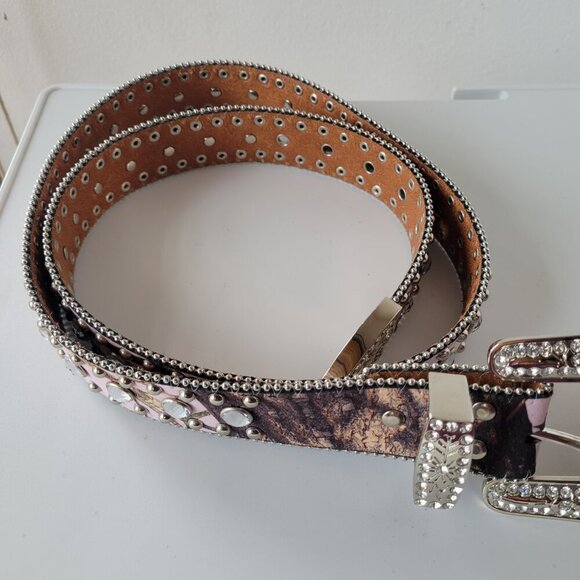 Blazin Roxx Ladies Rhinestone Pink & Brown Studded Leather Belt (Size: XL) - Picture 3 of 13